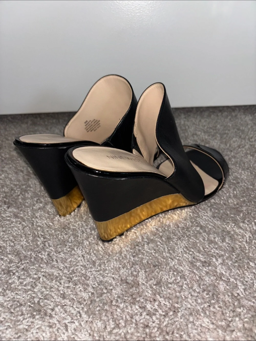 Nine West Black Wedge Sandals with Gold Wedge Detail